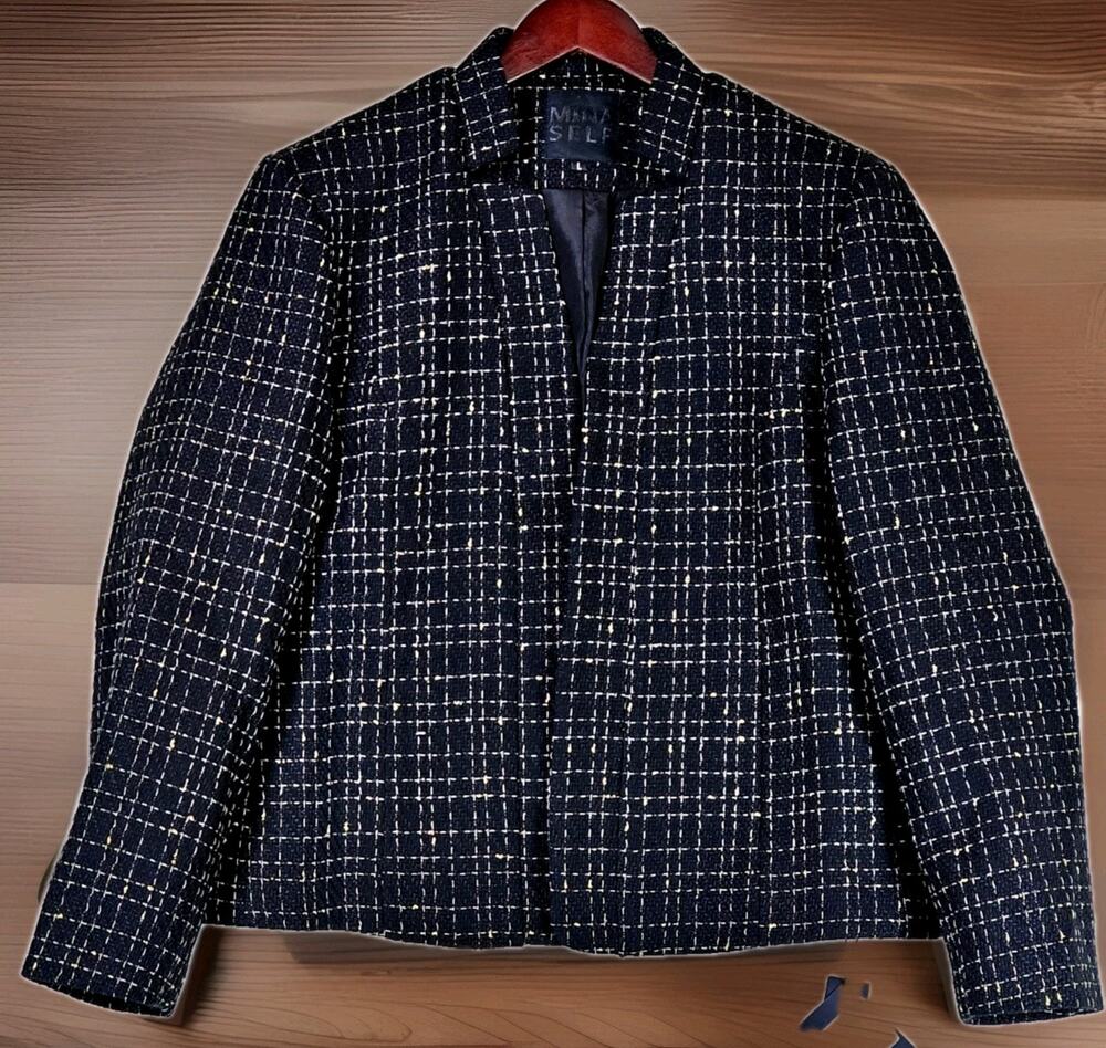 Mina Self Blazer Women's Large Black Gold Checkered Tweed Jacket w/ Pockets NWT